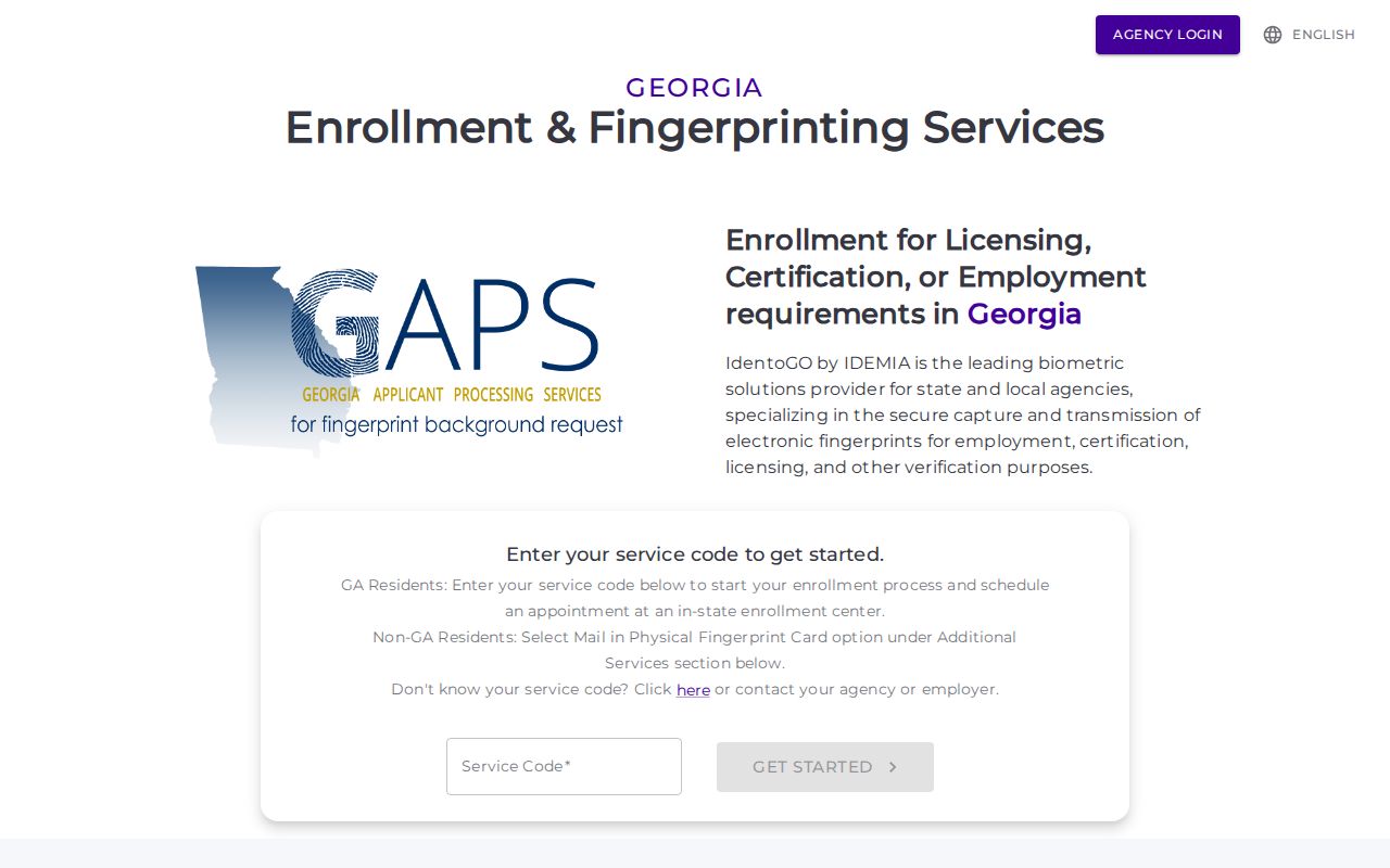 Georgia Applicant Processing Service IdentoGO registration portal