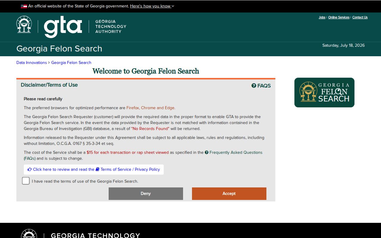Georgia Felon Search official transaction interface